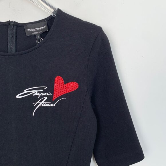 Emporio Armani Black Logo Heart Rhinestone Cotton Short-Sleeve Dress - Picture 3 of 8